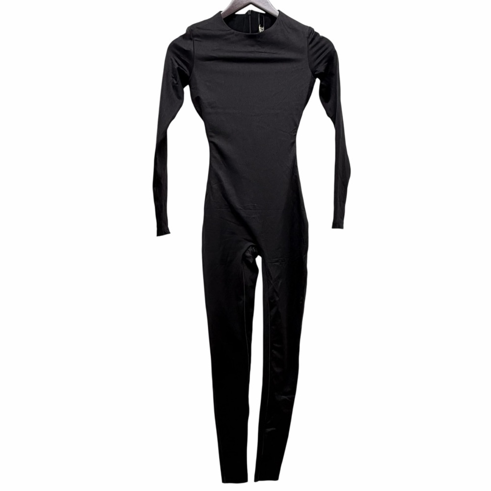 SKIMS All In One Shine Long Sleeve One Piece Bodysuit Black Onyx Size X-Small